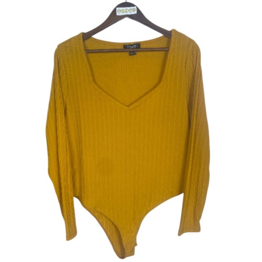 Rogue Collection long slv Mustard Yellow Ribbed Bodysuit / 3X
